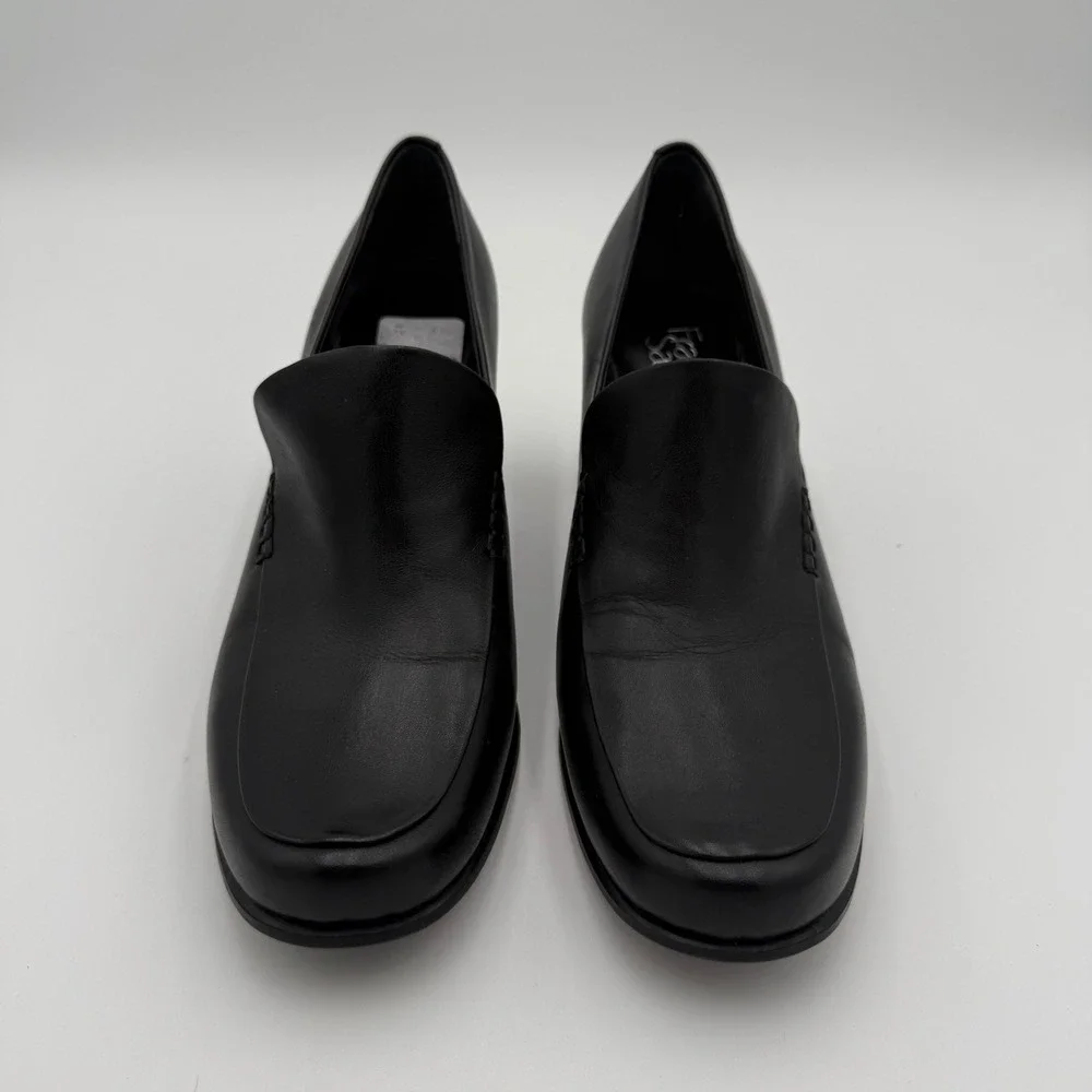 Franco‎ Sarto Nolan Pump Black Leather Block Heel Loafers High Heels Shoes 9.5